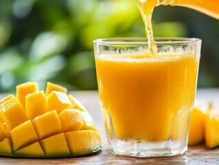 Close-up of mango juice being poured into a glass, with mango slices beside it