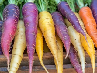 Close-up of multicolored heirloom carrots in shades of purple, yellow, and orange