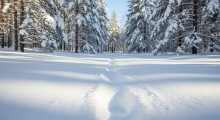 Fototapeta premium Winter Forest Scene: Footprints in the Snow with Pine Trees