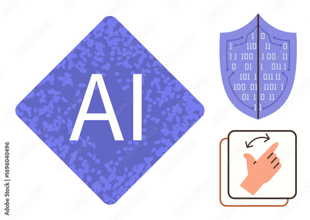 Aufkleber ai acronym in diamond shape, digital security shield with binary code, hand gesture for user interac