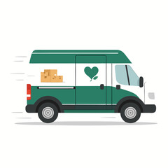 a green and white van with a heart on the side and boxes in the back for food pantry vector delivery