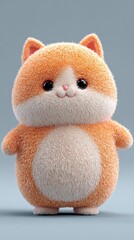 A plush orange and white cat character stands proudly with a rounded body and big expressive eyes