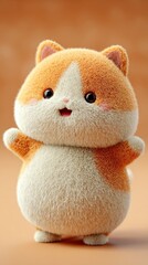 Cute plush cat with orange and white fur appearing joyful in a soft background
