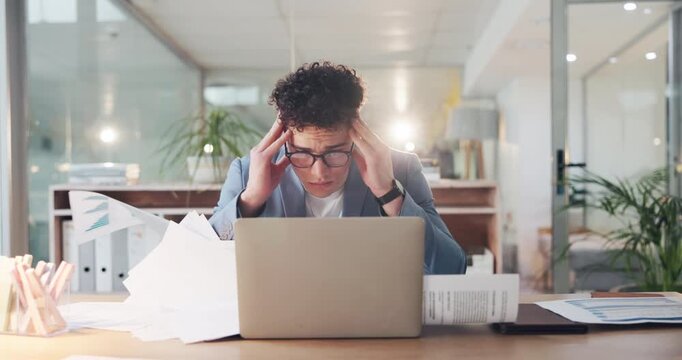 Businessman, stress and laptop with documents in air for overworked, pressure or anxiety in office. Frustrated man, employee or overwhelmed with headache, computer or paperwork for busy work or chaos