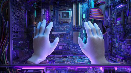 open server chassis exposing motherboard technician gloves absent focus on hardware cool blue lighting illustration concept scene visual for commercial design use high detail quality stock image