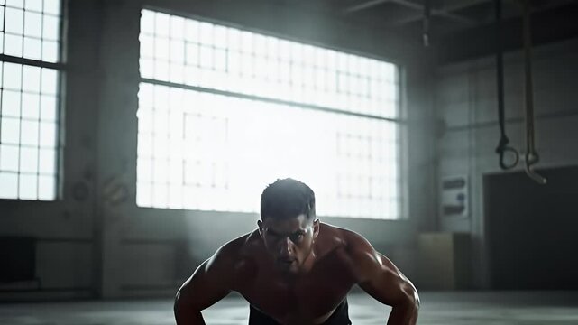 A determined muscular man performs intense push-ups in a modern industrial gym