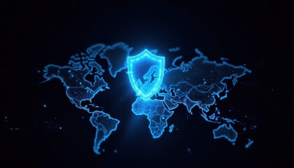 Global security, blue world map with protective shield ensuring worldwide safety and protection