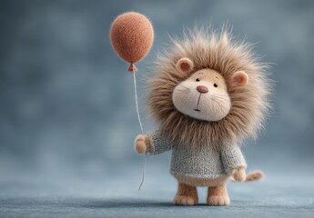 Cute lion character holding a balloon while wearing a sweater against a soft blue background