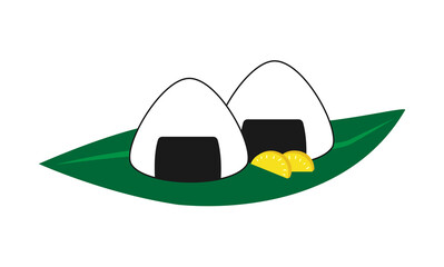 笹の葉にのったおにぎりと漬物のイラスト