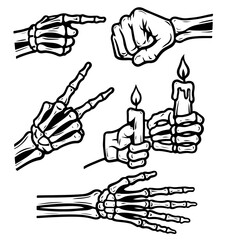 Skeleton Hand Gesture Icons – Bone Line Art for Rock, Point & Peace Signs