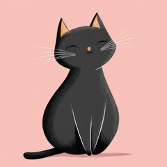 A black cat with a round face and cheerful expression sits upright. Its whiskers are prominent, and its smooth fur contrasts with the soft pink background.