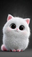 Cute fluffy white cat with big eyes sitting on a dark background in a cozy setting