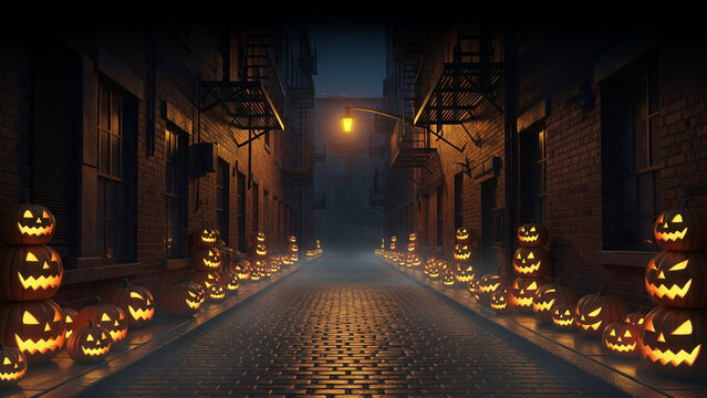 Spooky Old Alley with Jack-o’-Lanterns and Fog - Powered by Adobe