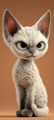 Cute cartoon cat character with curly fur and large expressive eyes against a simple background