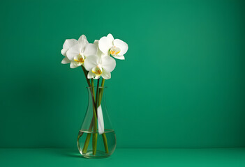 White Orchids in Vase on the green color background