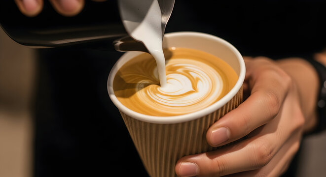 Barista pouring latte art into takeaway coffee cup cafe beverage drink coffee shop caffeine morning energy delicious beverage barista skills coffee making