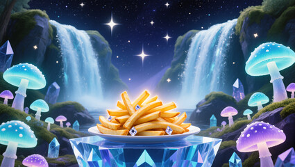 Fries shining brightly amidst a mystical waterfall landscape