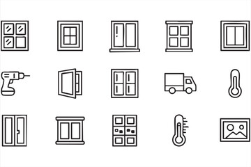 Window Installation and Home Repair Line Icons Set with Tools and Thermometer Symbols