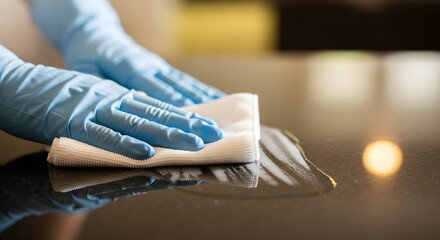 Cleaning service hygiene hands gloves disinfecting wipe surface spotless clean antibacterial sanitation professional maid home office germ free safety precaution healthcare wellness
