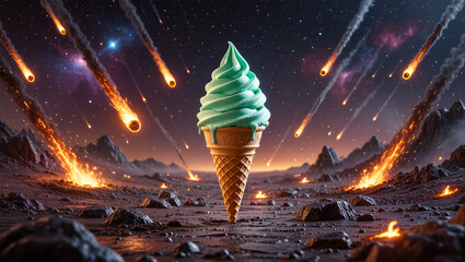 Cosmic ice cream delights swirl amidst asteroids in a fiery landscape