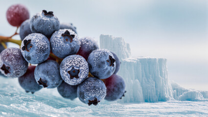 Frost-kissed blueberries beside serene icy landscape at dawn