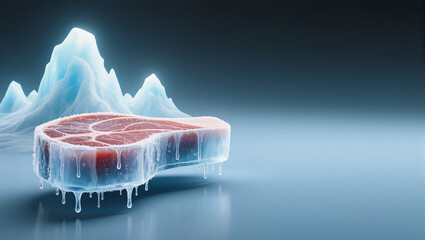 Creative concept of frozen meat with icebergs in a surreal landscape