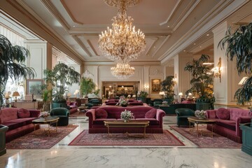 Opulent Hotel Lobby with Crystal Chandeliers and Plush Seating