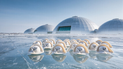 Strange shapes floating on icy surface near futuristic domes