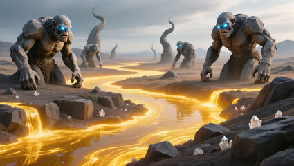 Mysterious stone creatures emerge from glowing river under moonlight