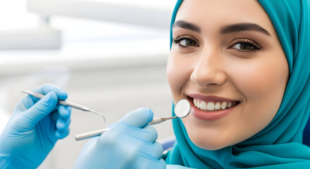 Smiling woman in hijab at dentist appointment healthy teeth dental checkup oral hygiene professional teeth cleaning bright smile confident patient healthcare medical