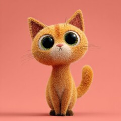 A cheerful orange cat character with oversized eyes and a fluffy appearance sits upright on a pink background, exuding a friendly demeanor.