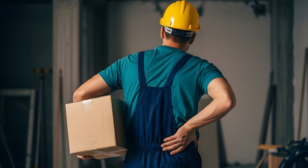 Construction worker back pain injury heavy lifting box accident workplace safety health risk prevention ergonomic posture