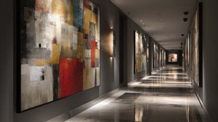 Modern art gallery hallway with abstract paintings