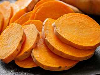 Close-up of sliced sweet potatoes, revealing their bright orange flesh and smooth texture