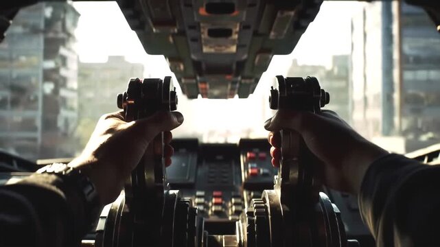 First-person view from a combat vehicle cockpit with hands on the controls during an urban battle