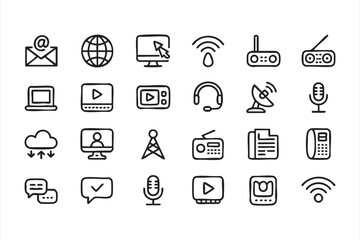 Flat Communication Icons of Email Cloud WiFi and Video in Minimal Style