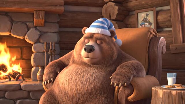 Sleepy cartoon brown bear in a nightcap suddenly wakes up and yawns in an armchair by a cozy fireplace