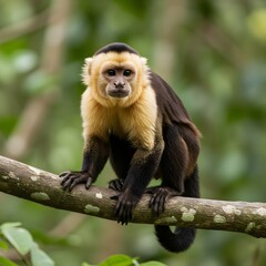 Obraz premium Golden-bellied capuchin monkey (Cebus xanthosternos), rare primate species with golden belly, sitting in tropical forest, wildlife endangered animal.