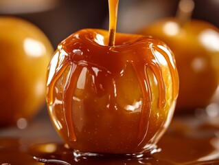 Close-up of an apple being dipped into golden caramel, creating a glossy coating