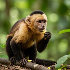 Fototapeta premium Golden-bellied capuchin monkey (Cebus xanthosternos), rare primate species with golden belly, sitting in tropical forest, wildlife endangered animal.