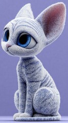 Cute gray animated cat character with large blue eyes sitting on a purple background