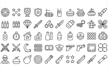 Military and Warfare Line Icons Set with Weapons Ammunition and Security Symbols