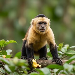 Obraz premium Golden-bellied capuchin monkey (Cebus xanthosternos), rare primate species with golden belly, sitting in tropical forest, wildlife endangered animal.