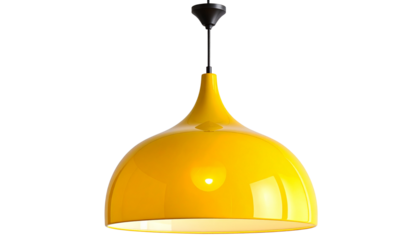 Modern yellow ceiling pendant light with minimalist design and smooth curved shape, hanging lamp for kitchen or dining room, isolated on transparent background