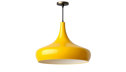 Modern yellow ceiling pendant light with minimalist design and smooth curved shape, hanging lamp for kitchen or dining room, isolated on transparent background