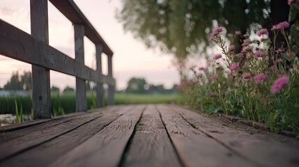 Wooden bridge walkway with pink flowers along the edge.