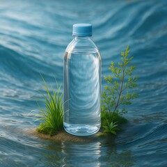 bottle of water with green leaf