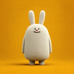 Cute fluffy rabbit character with a friendly expression on a vibrant yellow background