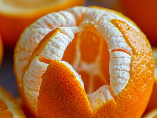 Close-up of an orange being peeled, with the rind curling away to reveal the juicy fruit inside