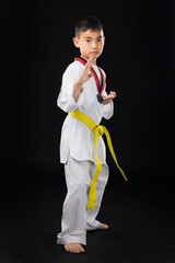 A young male taekwondo athlete wearing a white uniform and a yellow belt stands with a knife in his left hand, guarding